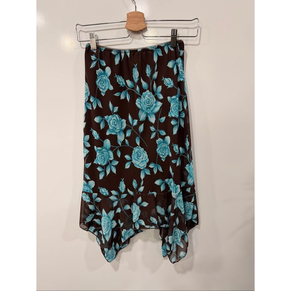 Body Central Brown Blue Rose Floral Chiffon Skirt S